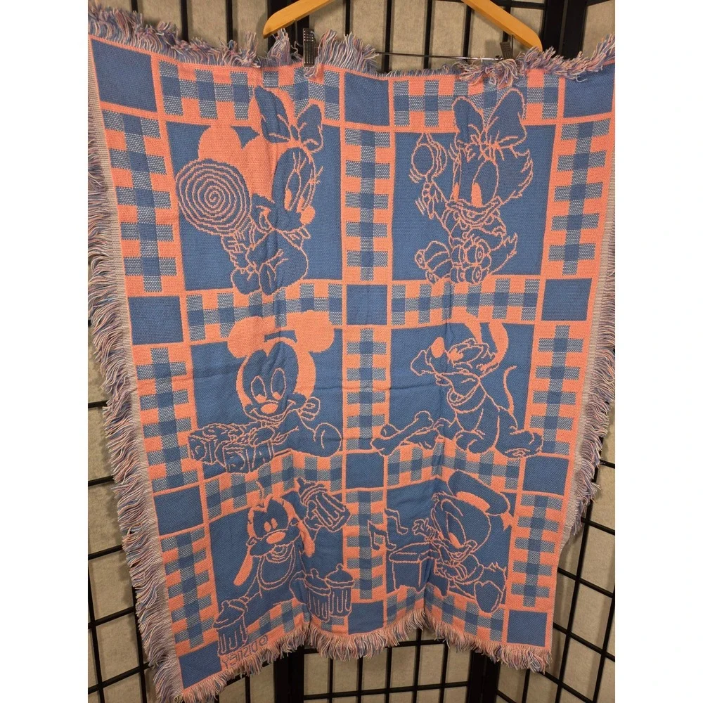 Vintage 1994 Disney Avon Baby Blanket Woven Mickey Minnie Donald Pluto Pink Blue